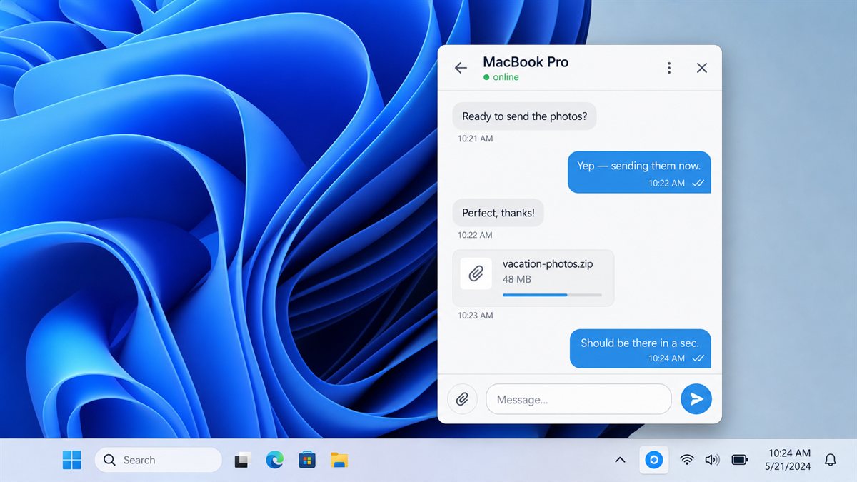 ThruPlex chat window on a Windows 11 desktop, showing an encrypted conversation and a file transfer in progress
